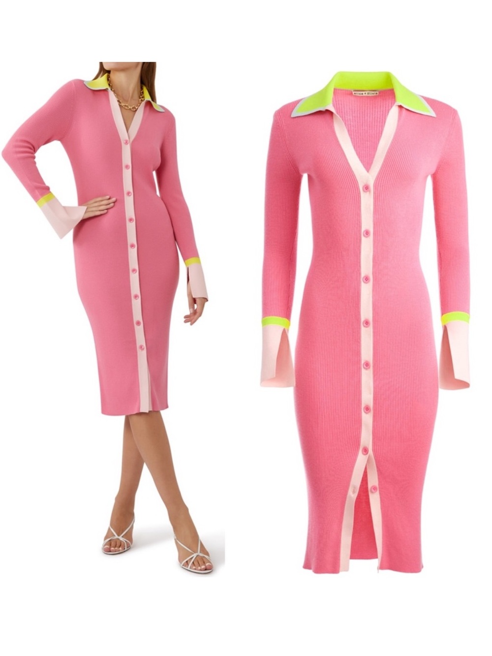 Alice + Olivia Alcina Rib Stretchy Knit Midi Dress Pink Colorblock XS NWT